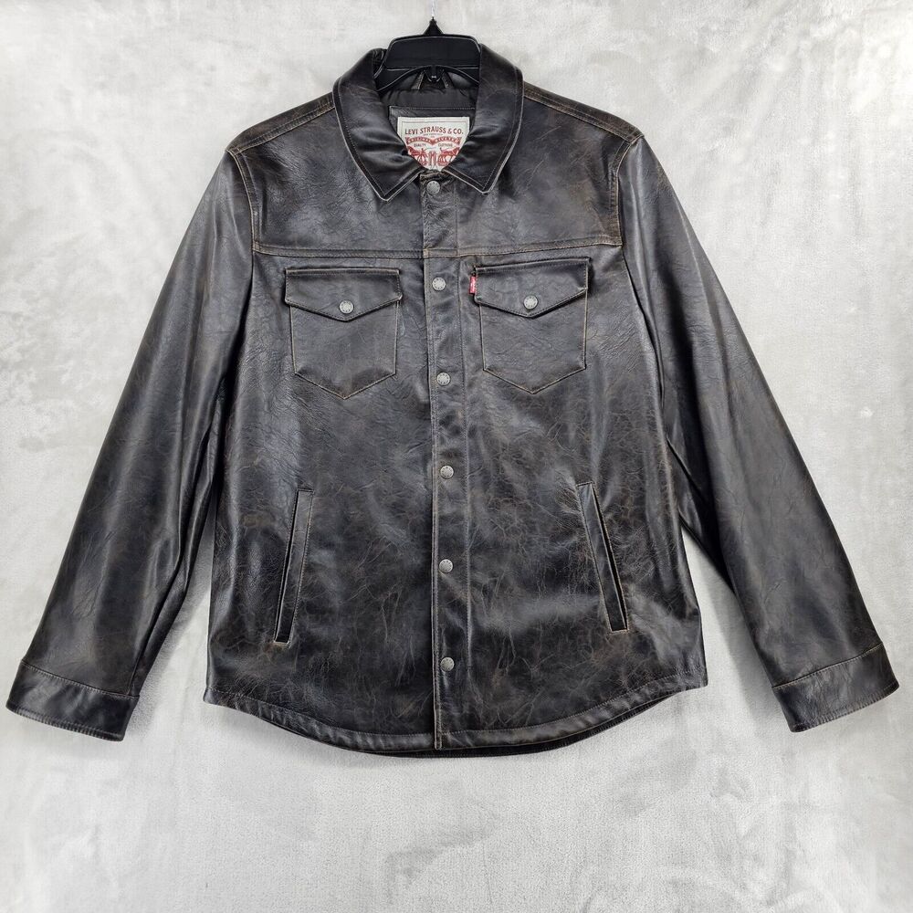 Levi's‎ Faux Leather Jacket Mens Medium Brown Trucker Moto Coat